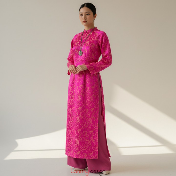 Pink brocade long dress with peach blossom pattern
